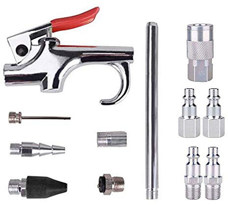 JJDD Druckluftpistole, Druckluftpistole mit Verlängerungsdüse, Sicherheitsdüse, Gummispitze, Inflationsnadel und 5 Stück 1/4 Zoll weiblich und männlich, NPT-Stecker, 12 Stück
