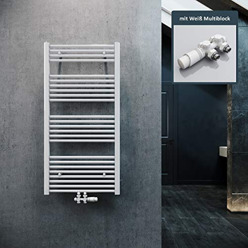 ELEGANT Heizkörper Bad 1200x600mm Weiß Badheizkörper Mittelanschluss Heizkörper Handtuchtrockner Handtuchwärmer mit Weiß Multiblock Thermostat