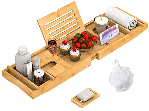 Bamboo Bathtub Tray for Luxury Bathroom, Expandable Premium Bath Tray w/Soap Towel Book Holder, Adjustable Bath Accessories for Tub,Extendable Tub Tray w/Wine Glass Cup Organizer 29.5-43.3 Nature