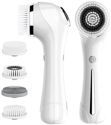 Facial Cleansing Brush, Electric Facial Brush with 4 Different Brush Heads for Deep Cleansing, Gentle Exfoliating, Removing Blackhead and Massaging（White）