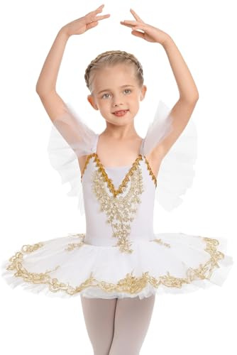 IBAKOM Girls Swan Lake Ballet Dress Sequin Beaded Golden Embroidery Camisole Skirt Leotard Gymnastic Dance Tutu Dress Ballerina Dancewear White 11-12 Years