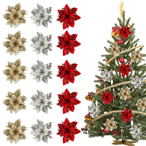FainFun Fleurs de Poinsettia de Paillettes de Noël, 15 Pièces 14 * 14CM Fleur Poinsettia Deco de Noel Rouge Or Argent, Simulation pour Sapin, pour la Décoration de Noël, Mariage, Fête