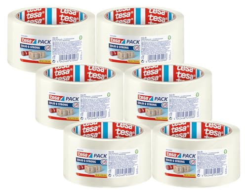 tesa tesapack Solid & Strong Packband - 66 m x 50 mm, transparent, 6 Rollen | Starkes Paketklebeband aus PP-Folie - alterungs-, UV- und temperaturbeständiges Paketband - geräuscharmes Klebeband