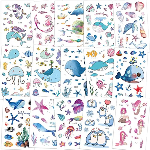 Tatouages Temporaire de Océan pour Enfants, 15 Feuilles Tattoos Imperméable Tatouage Enfant, Animaux Marins Tatouages Temporaire Tatouages Respectueux de la Peau pour Garcon Fille fête d'anniversair