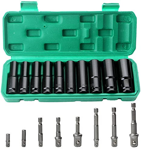 Juego de Llaves de Vaso, Largas Llave Hexagonal de Tubo 1/2'', Conjunto Incluye 10 Llaves de Vaso 10-24 cm y 8 Adaptador de Enchufe, Para Taladro y Destornillador Inalámbrico (negro)