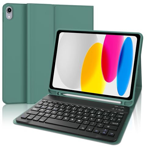 IVEOPPE Teclado iPad 10 Generación 2022/11 Generación A16 2025 (10.9/11 Pulgada), Funda Teclado Español Ñ Desmontable Bluetooth para iPad 10.ª /11.ª Generación, Verde Oscuro