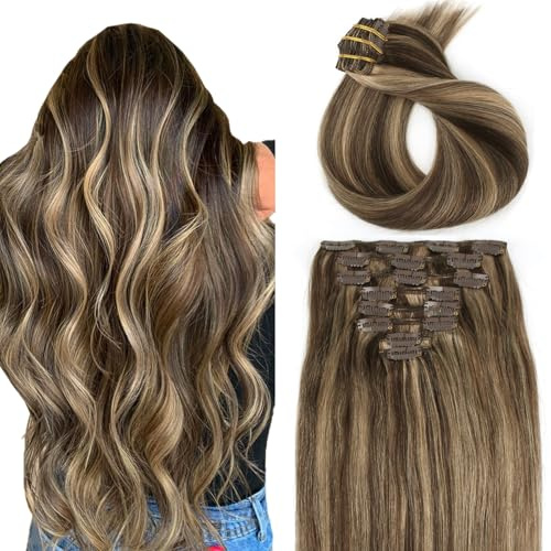 ABH AMAZINGBEAUTY HAIR 40cm Extensions aus Echtem Echthaar mit Clip Ins Highlights von Schokoladenbraun bis Karamellblond P4/27 Glatte Haarspangenverlängerungen für Frauen 8 Stück/120g Doppeltschuss
