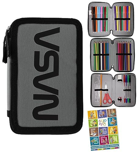 Goldkids NASA Federmappe Federmäppchen Federtasche XXL Schüleretui Federtasche Federpenal Schulmäppchen grau 3 Fächer 45-teilig gefüllt inkl Hausaufgabenheft