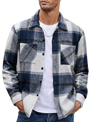 MakingDa Mens Flannel Shirt Long Sleeve Warm Thick Checked Shirt Button Down Casual Winter Plaid Shirts with Pockets Regular Fit Lapel Collar Check Shirt Jacket Smart Casual Work Shacket DarkBlue L