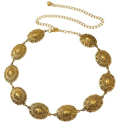 EMOTTOS Concho Women's Chain Belt, Adjustable Carving Metal Waist Chain Western Cowboy Cowgirl for Women, Exquisite Boho Belts for Jeans Dress(C-GOLD)
