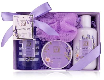 Accentra Set doccia da donna LaVENDEL in bella confezione regalo – Set di 4 pezzi con gel doccia, lozione per il corpo, burro per il corpo e spugna a rete – Set regalo per San Valentino e festa della