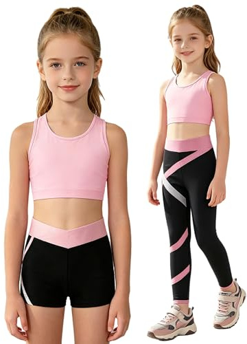 Fldy Kinder Trainingsanzug Mädchen Sport BH Und Leggings Set Mit Shorts Stretch Sportbekleidung Yoga Fitness Set Laufen Tanz Outfit Rosa_A 134-140