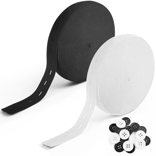 HavaCue 20M Elastico con Asola Piatto, Nero Bianco Elastico per Cucito con Asole Kit Fasce Elastiche 20mm con 20 Pezzi Bottoni Stringi Vita, Elastici per Pantaloni, Estensori di Vita Elastici
