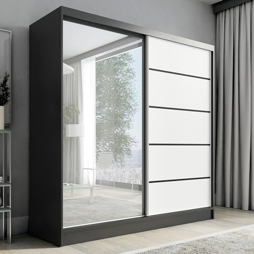 A&J MöbelLand Schwebetürenschrank Nero Kleiderschrank 2-türig mit Schubladen und Spiegel, Garderobe 200 cm (Schwarz/weiß)