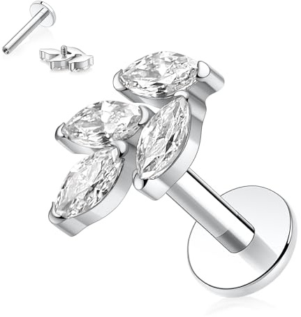 AROWRO Titan Labret Stecker Silber 16G Flat Back Ohrringe Lippen Ringe Tragus Knorpel Ohrring CZ Innengewinde 6mm 5g