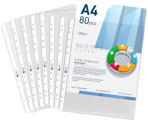 Agoer stansade fickor A4 kraftiga, 120 mikron klar A4-plast stansad med sidmarkörer, 80 st arkskydd, 11 hål övre öppning polyplastmappar för ringpärm ärm ärm ärmar