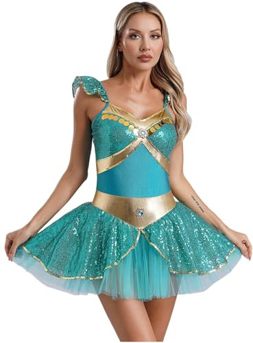 iiniim Damen Bauchtanz Kostüm Araber Prinzessin Kleid Glänzend Pailletten Kleid Bauchtänzerin Tanzbody Overall Show Tanzkostüm Türkis XXL