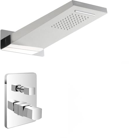 Set doccia da incasso completo di miscelatore con deviatore e soffione a sbalzo 22x50 cm con cascata ed effetto pioggia, LOTUS