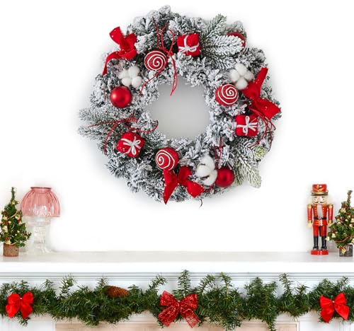Minicoco Weihnachtskränze, rote Weihnachtskränze für Haustür, 30 cm, Kranz mit Schleife, Weihnachtskränze zum Aufhängen, Weihnachten für Tür, Kamin, Wand, Fenster, Weihnachtskranz-Dekorationen (Rot,