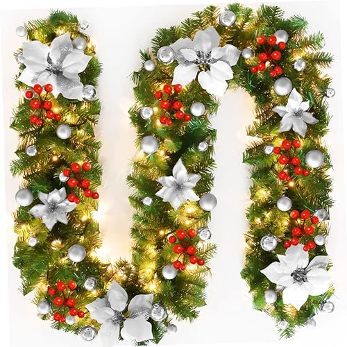 Ghirlanda Natalizia, Ghirlanda di Abete, Ghirlanda di Natale Artificiale con Fiori e Bacche Rosse, Decorazione Natalizia per Scale, Pareti, Porte, Camino (Y)