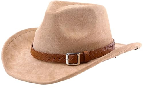 howkuhat Western cowboyhattar för män kvinnor Fedora hatt för män vintage cowboyhatt kvinnor brett brätte jazzhattar för män UK med spännbälte, Camel, One Size-M