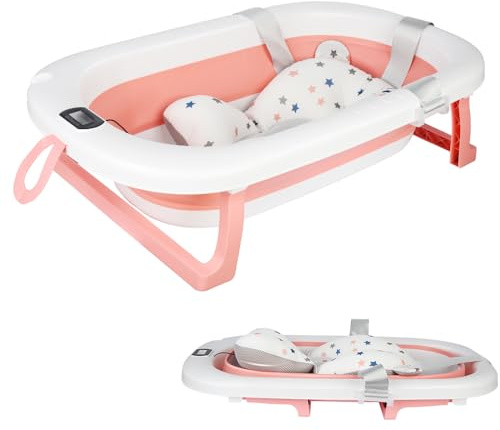 Supfine Baignoire Bebe Pliable avec Thermomètre Numérique, Coussin, Prise de Douche, Tapis Ajustable et Ventouse Antidérapante, Baignoire Bebe avec Coussin, 0 à 24 Mois (Rose, 80 * 50 * 23cm)