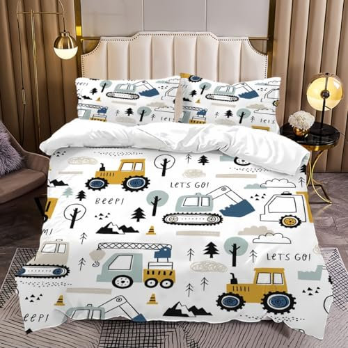 TKCQX BettwäSche 100x135 Kinder Technisches Fahrzeug Bagger Traktor BettwäSche Set MäDchen Junge Bettbezug aus Mikrofaser Kinderbettwäsche mit ReißVerschluss mit Kissenbezug 40x60 cm