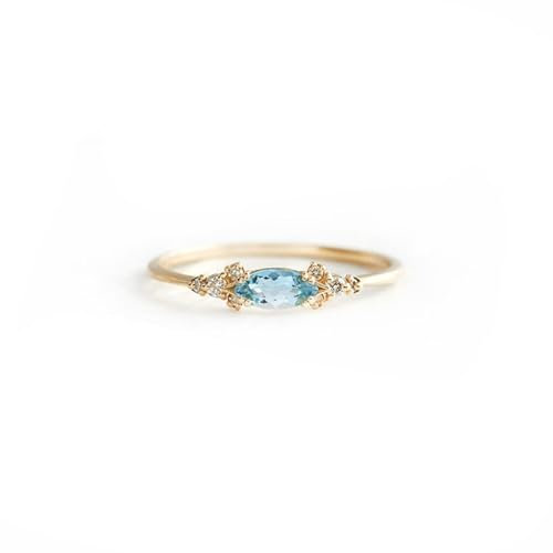 Grewod Ring Gold 585 Echtgold Damen Zart Blau Marquise Aquamarin mit Moissanit Stein Trauringe Verlobungsringe Größe 60 (19.1)
