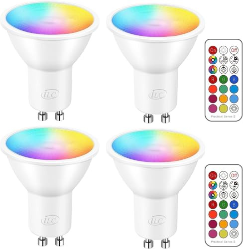 wisdom line Bombilla LED GU10 Cambio de Color, 4 PCS Multicolor 5W 100-240 Vac, RGB ± CCT Blanco Cálido a Blanco Frío, Bombilla GU10 RGB con mando a distancia, equivalente halógeno de 35 vatios