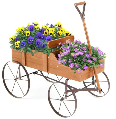 RELAX4LIFE Brouette Décorative en Bois avec 4 Roues en Métal, Chariot à Fleurs avec Capacité de Charge Jusqu'à 15 kg, Bac à Fleurs pour Jardin Balcon Terrasse, Marron/Vert/Rouge (Brun orangé)