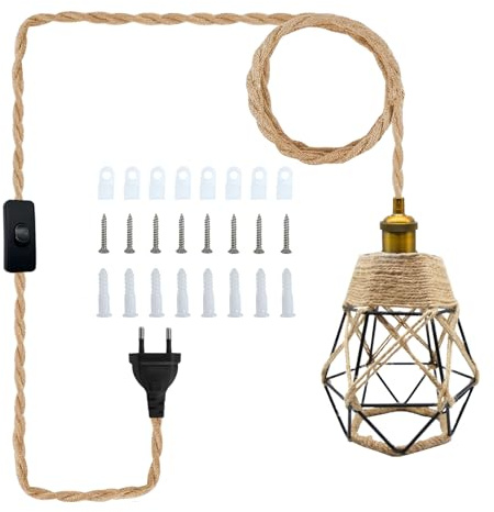 510CM Lámpara Colgante de Cuerda de Cáñamo con Enchufe y Cable, Lámpara Colgante de Ratán con Portalámparas E27E26, Lámpara de Suspensión con Pantalla de Cuerda de Cáñamo Tejida a Mano