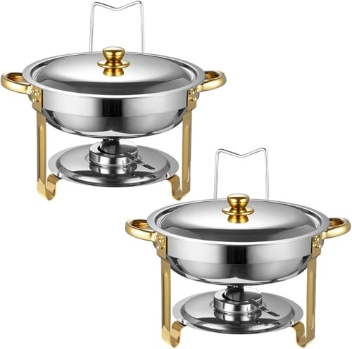 KALDJKS 2er Set Rund Chafing Dish Set 4.5L Speisenwärmer Edelstahl Buffet Wärmebehälter Suppenwärmer Bain Marie Speisen Warmhaltebehälter für Bankette, Buffets, Schulen