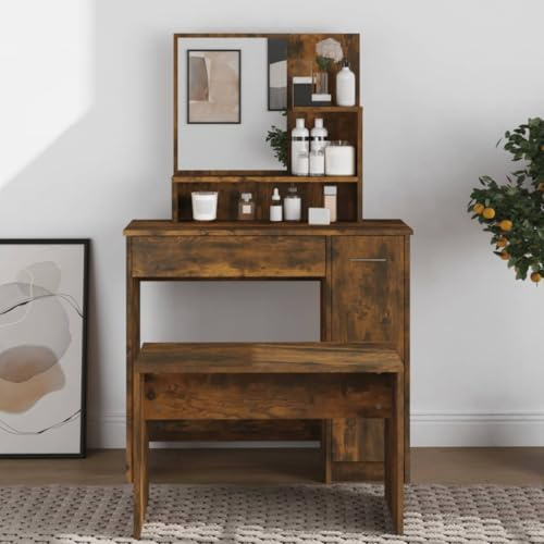 HaoChrymec Toletta con Specchio in Legno Rovere Fumé, Design Moderno, con Cassetto e Ripiani Portaoggetti, Postazione Trucco da Camera Elegante, Toilette da Trucco Salvaspazio, 86.5x35x136 cm