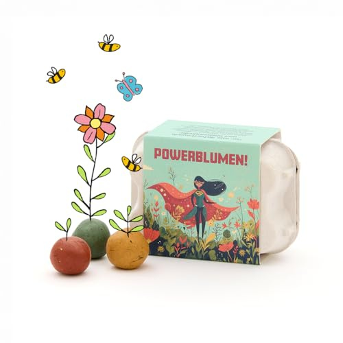 Die Stadtgärtner Wachsendes Gastgeschenk & Mitgebsel zum Kindergeburtstag | 6 bunte Saatkugeln mit Wildblumen-Saatgut im Mini-Eierkarton | POWERBLUMEN! als Mitgebsel für Superhelden-Partys