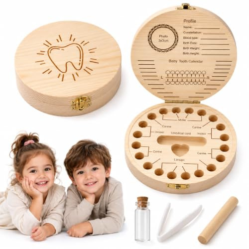 Caja de Dientes de Leche de Madera 12x12x2cm,Caja de Recuerdo para Guardar | Organizador de Recuerdos para Niño y Niña, Caja del Ratoncito Pérez para Guardar el Primer Diente