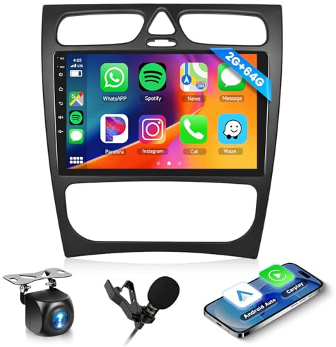 Hodozzy 2G+64G Radio para Mercedes Benz Clase C CLK W203 W209 S203 A209 2000-2005 con Carplay Android Auto Inalambrica, Radio Coche 9 Pulgadas Pantalla Táctil de GPS Bluetooth WiFi DSP FM/RDS Cámara