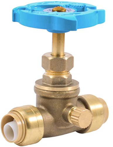 SharkBite 1/2 Inch Stop Valve with Drain and Vent, Push to Connect Brass Plumbing Fitting, PEX Pipe, Copper, CPVC, PE-RT, HDPE, 24634LF