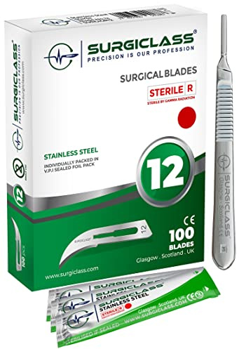 # 12 Stainless Steel Sterile Box of 100 and Handle No 3 Perfect for Wood Art, Surgical, Sculpting, Repairs, Lab Anatomy, Sign, Card Making Lab Training SURGIGR12-100