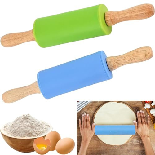 2 Piezas Rodillo de Silicona Antiadherente,Mini Rodillo de Silicona con Manija de Madera,Protección Ambiental no Tóxica,Para Hornear Pizza,Galletas,Adecuado para Niños y Adultos(Verde y Azul)