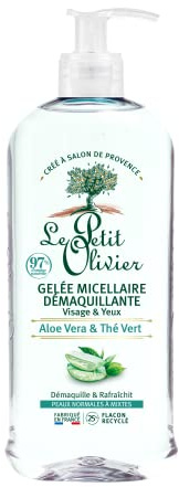 LE PETIT OLIVIER - Gelée Micellaire Démaquillante - Aloe Vera & Thé Vert - Démaquille & Rafraîchit - Peaux Normales à Mixtes - 97% d'Origine Naturelle - Fabriqué en France - 400 ml