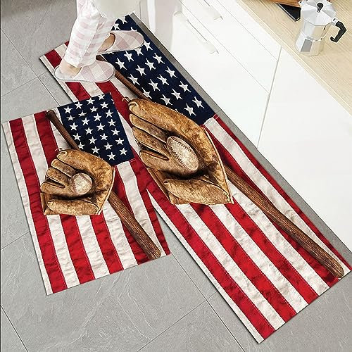 2 Pieces Kitchen Rug Sets, Non Slip Kitchen Mat,Sports,Vintage Baseball League Equipment with Usa American Flag Fi,Washable Modern Mats and Rugs for Hallway, Dining Room and Entryway, 45x70cm+45x120cm