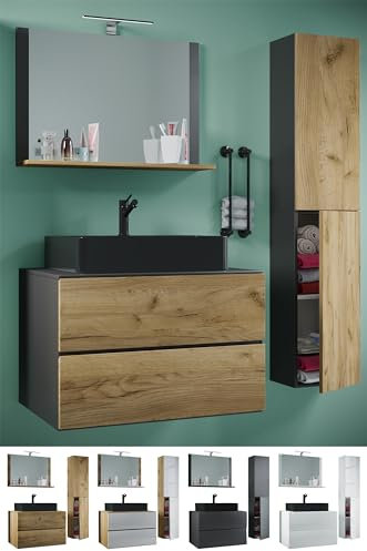VCM 4-TLG. Waschplatz Waschtisch | schwarzes Waschbecken Unterschrank Breite 60 cm | Badmöbel Set mit Schubladen Drehtüren Spiegel | Lendas S BL