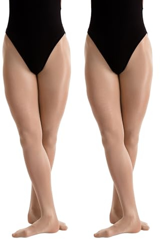 2 pares de medias de baile brillantes con pies de 60 denier, listas para el rendimiento, paquete múltiple para niñas, niños, adultos, mujeres en tostadas y tostadas ligeras