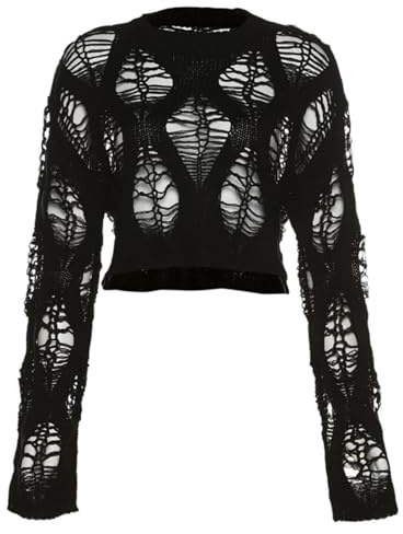 CheJooe Y2K Pull ajouré en crochet à manches longues pour femme, Noir , S