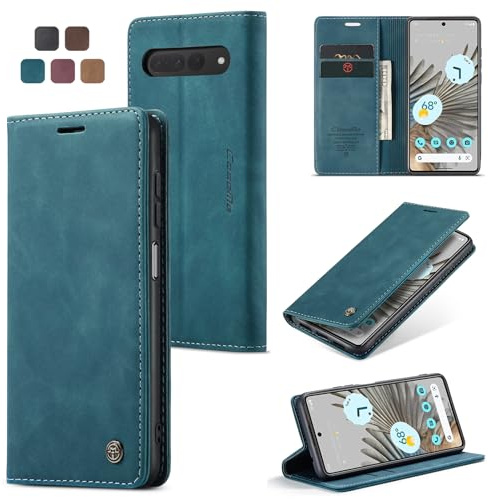 owlhold Handyhülle für Google Pixel 7 Pro Hülle Premium Lederhülle Weiches Vintage-Nubukleder Faltbare Ständer Schutzhülle Kartenfach Standfunktion stoßfest klapphülle Pixel 7 Pro -Blaugrün