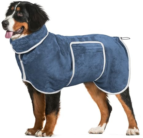 Dog Bathrobe Towel Drying Coat - Super Absorbent Dog Towels Bath Robe for Drying Dogs Large, Soft Adjustable Collar & Belly Strap Fast Drying Coat Pet Dog Cat Bath Robe Towel (Blue, Medium)