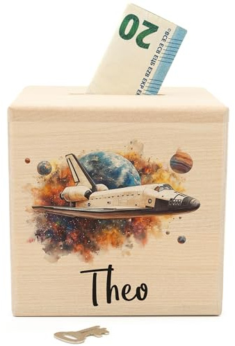 Personalisierte Spardose personalisiert aus Holz 10 x 10 cm - Spaceshuttle | Holz, Spardose mit Namen Weltall, Holz mädchen sparschwein Kinder schlüssel Kind sparbüchse Junge