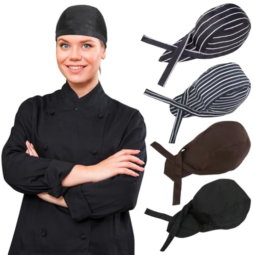 4 Pack Tie Back Chef Hat for Women Men - Adjustable Cap, Bandana Skull Cap, Breathable Cooking Kitchen Hat