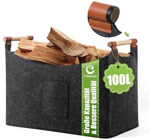 Ciberate XXXL 100L Filzkorb Holzkorb für Kaminholz Brennholzkorb Faltbare Filztasche mit rutschfester Griffe und Fronttasche Feuerholzkorb als Aufbewahrungskorb für Holz, Einkauf (60x40x40cm)