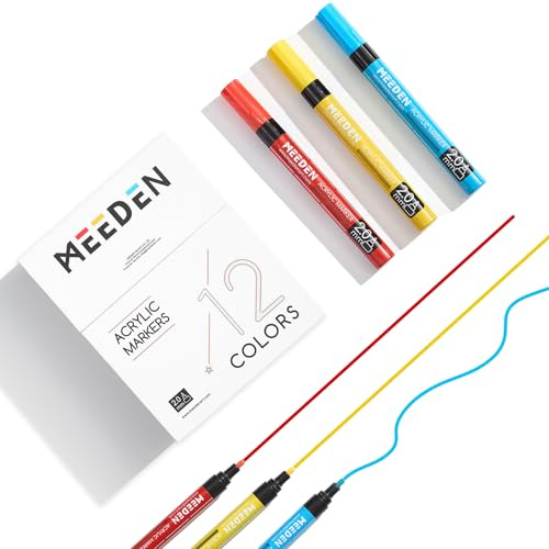 MEEDEN Artist 12 Colors Acrylic Paint Markers - 3X Visible Large Capacity Acrylic Paint Pens with Upgraded Nylon Tips, Quick Dry Marker Pens for Rock Painting, Wood, Canvas, Stones, Glass, Fabric